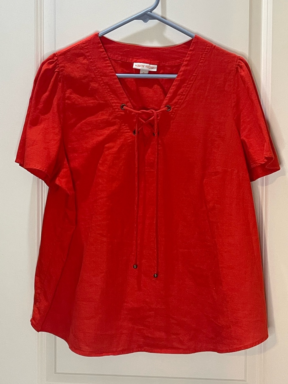 Knox Rose Red Lace-Up Short Sleeve Blouse 100% Cotton XL